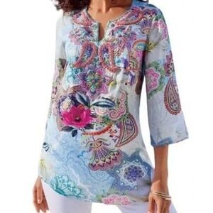 Soft Surroundings Boho Beaded Paisley Floral Tunic Top Blue Pink Womens Small